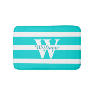 Tapis De Bain Mat de bain Turquoise et blanc monogramme