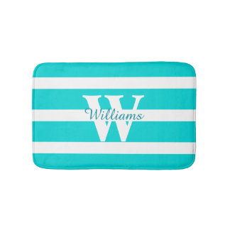 Tapis De Bain Mat de bain Turquoise et blanc monogramme