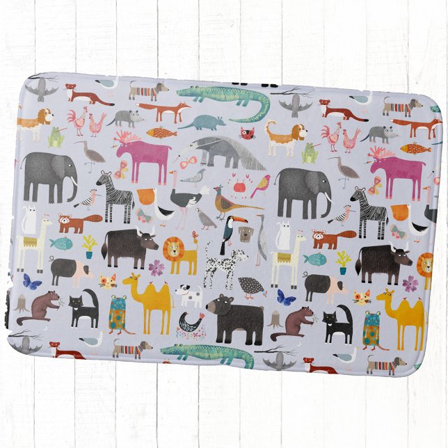 Tapis De Bain Ménagerie animale (Fun animal menagerie with wild, safari, zoo and pet animals and birds pattern bath mat)