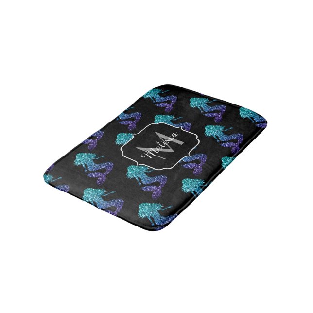 Tapis De Bain Mermaid aqua bleu ombre motif Monogramme (Angle)