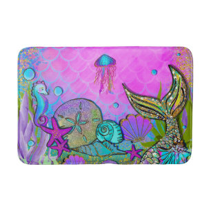Tapis De Bain Mermaids et coquilles sous l'étincelle de la mer