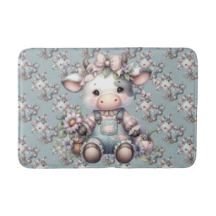 Tapis De Bain Mignon bébé vache pastel en salopette avec des fle