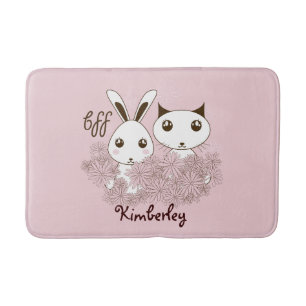 Tapis De Bain Mignon Chat et Lapin Amis Animaux Enfants Rose