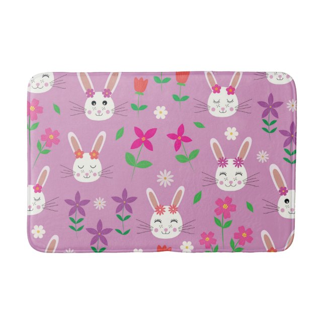 Tapis De Bain Mignonne lapin de Pâques avec fleurs rouge rose vi (Devant)