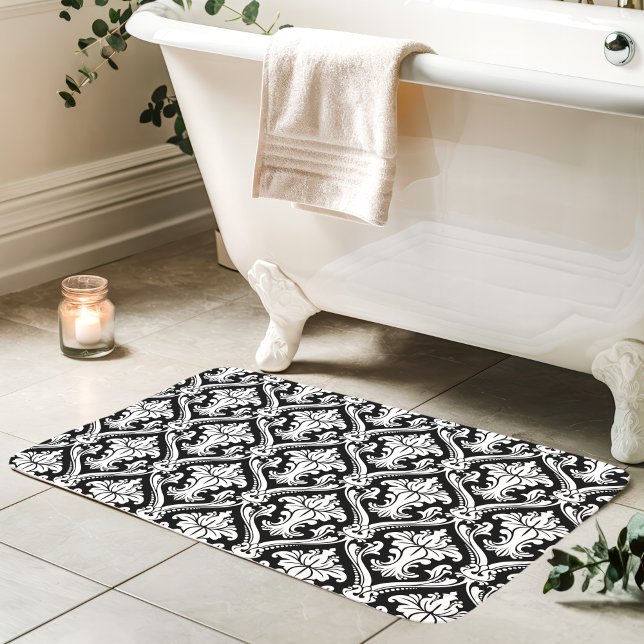 Tapis De Bain Modèle de Damas baroque noir et blanc (Créateur téléchargé)