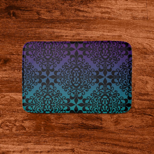 Tapis De Bain Modèle de damas noir pourpre et Turquoise (Créateur téléchargé)