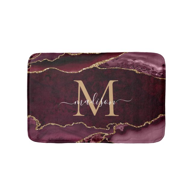 Tapis De Bain Moderne Bourgogne Rouge Or Agate Géode Chic Monogr (Devant)