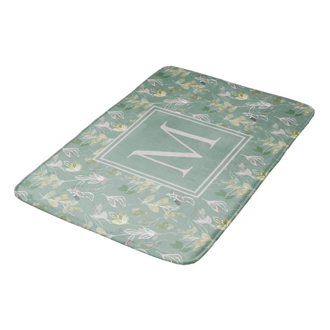 Tapis De Bain Moderne Elégant Sage Vert Argent Feuille Monogramm (Angle)