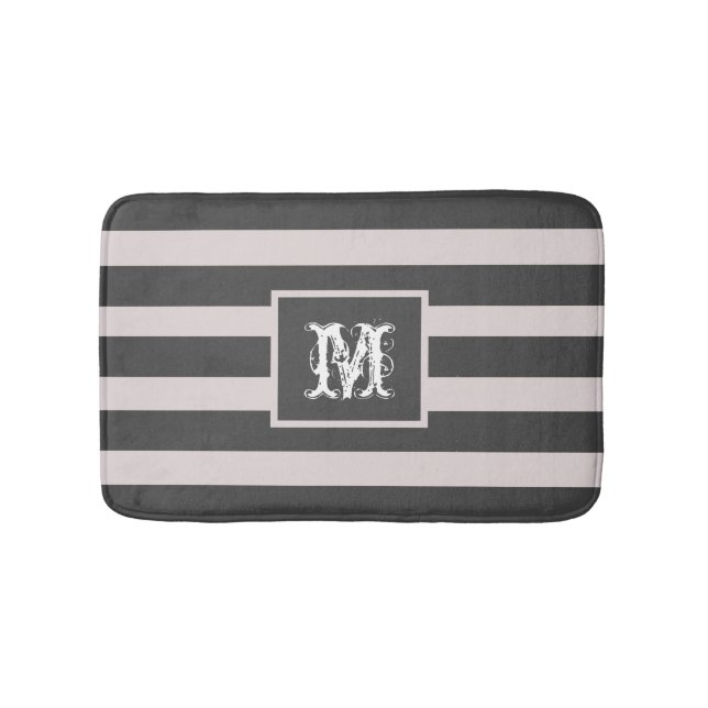 Tapis De Bain Moderne Monogramme Initial Chic Simple Gris Rayé  (Devant)