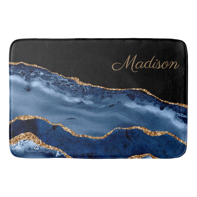 Tapis De Bain Moderne Monogramme Pailleté Marbre Bleu Nuit Or  (Devant)