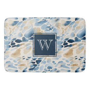 Tapis De Bain Monogram Beach Blue et Tan Wave Motif Mat
