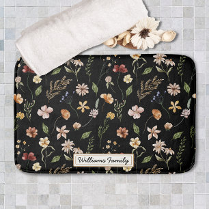 Tapis De Bain Monogramme à la mode Aquarelle noire Fleur sauvage