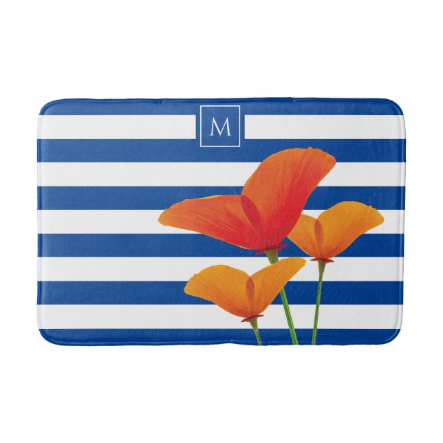 Tapis De Bain Monogramme à rayures bleu chic (Devant)