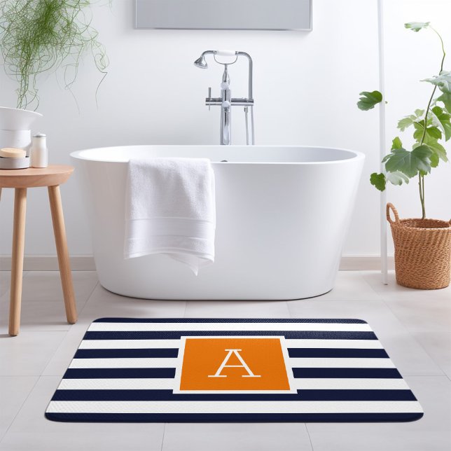 Tapis De Bain Monogramme à rayures orange et marine (Créateur téléchargé)