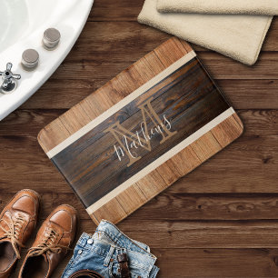 Tapis De Bain Monogramme à rayures ton bois rustique Tan
