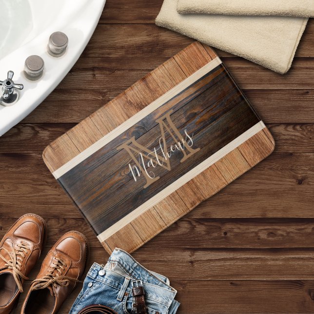 Tapis De Bain Monogramme à rayures ton bois rustique Tan (Créateur téléchargé)