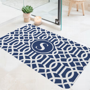 Tapis De Bain Monogramme à treillis bleu marine et blanc