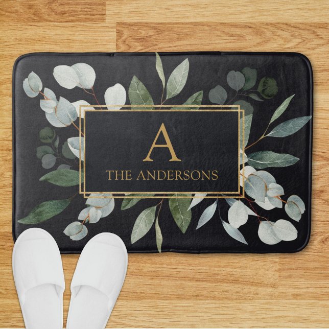 Tapis de bain Monogramme Aquarelle Feuilles Vertes (In situ)