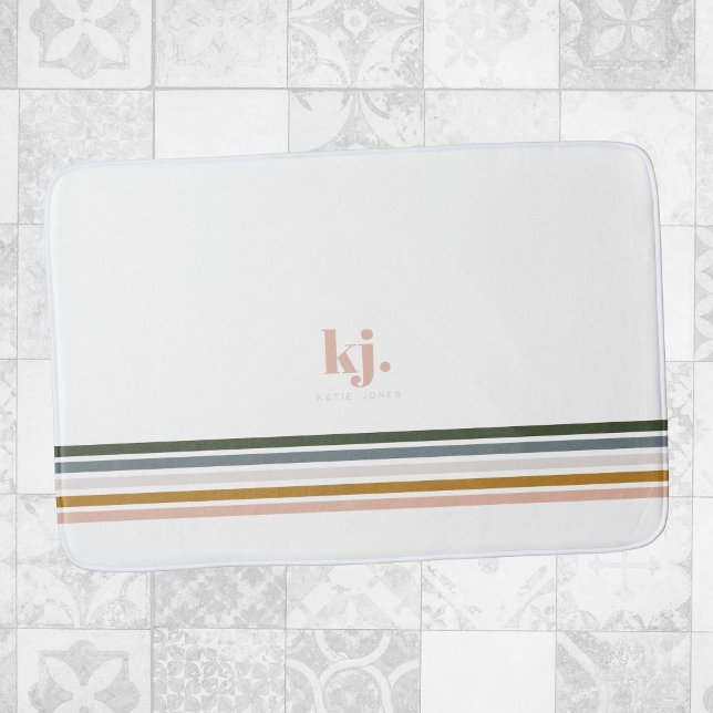 Tapis De Bain Monogramme Bandes Rétro Chic (Créateur téléchargé)