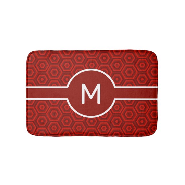 Tapis De Bain Monogramme blanc moderne sur géométrie rouge (Devant)