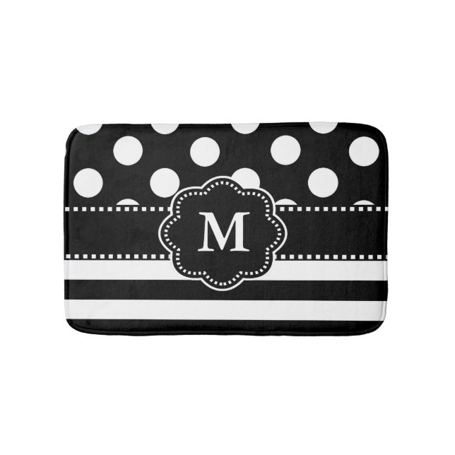 Tapis De Bain Monogramme blanc noir de rayure de points (Devant)