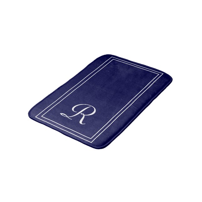 Tapis De Bain Monogramme blanc rayé de la marine personnalisée (Angle)