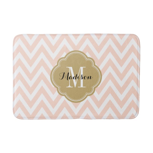 Tapis De Bain Monogramme blanc rose et or Chevron (Devant)