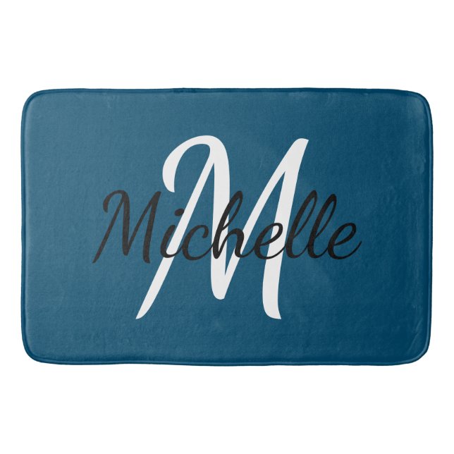 Tapis De Bain Monogramme Bleu Ajouter Votre Nom Simple Moderne t (Devant)