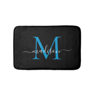 Tapis De Bain Monogramme bleu océan noir moderne élégant