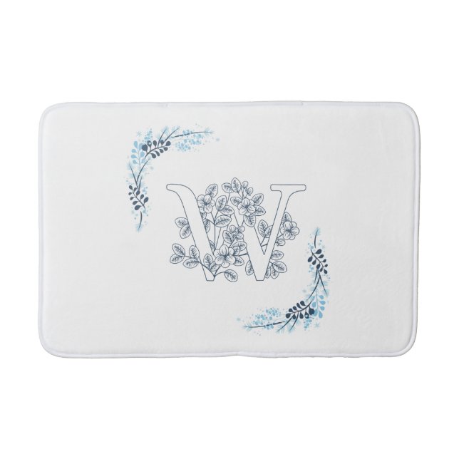 Tapis De Bain Monogramme bleu "W" initial Flore calme (Devant)