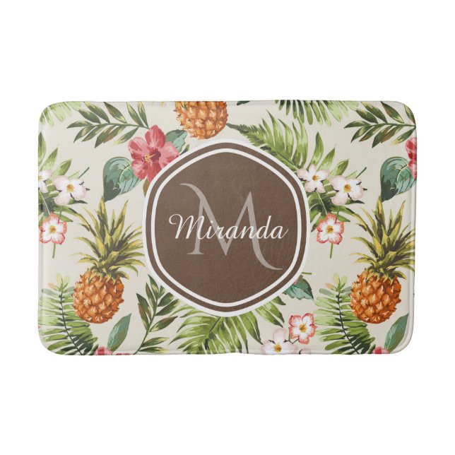 Tapis De Bain Monogramme Brown floral d'ananas tropical exotique (Devant)