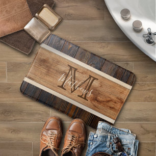 Tapis De Bain Monogramme Brun Rayure Ton Bois Rustique
