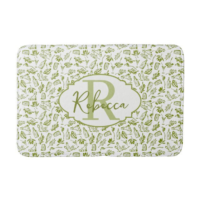 Tapis De Bain Monogramme Campagne Française Feuille d'Olive Vert (Devant)