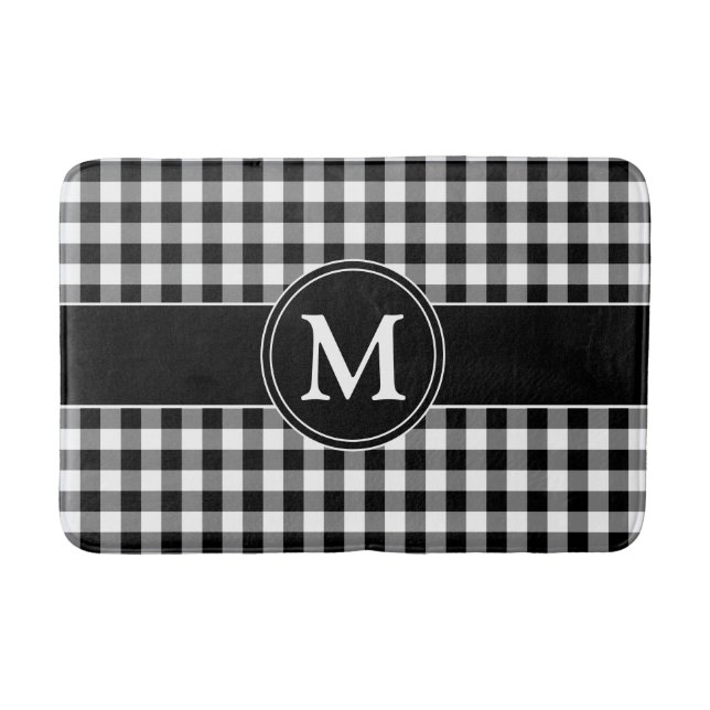 Tapis De Bain Monogramme carreaux moderne noir et blanc (Devant)