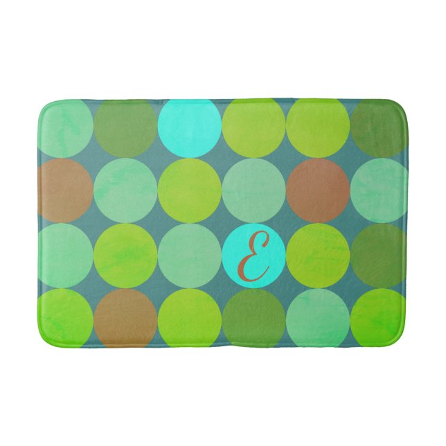 Tapis De Bain Monogramme Cercles Vert Citron Turquoise & Rouille (Devant)