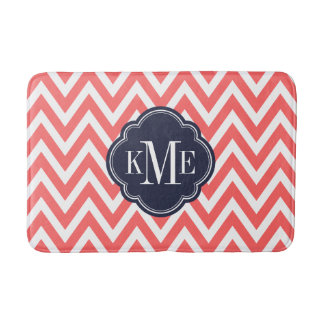 Tapis De Bain Monogramme Chevron Coral et Navy