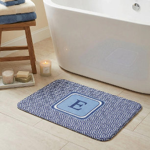 Tapis De Bain Monogramme Chevron Géométrique Bleu Marine