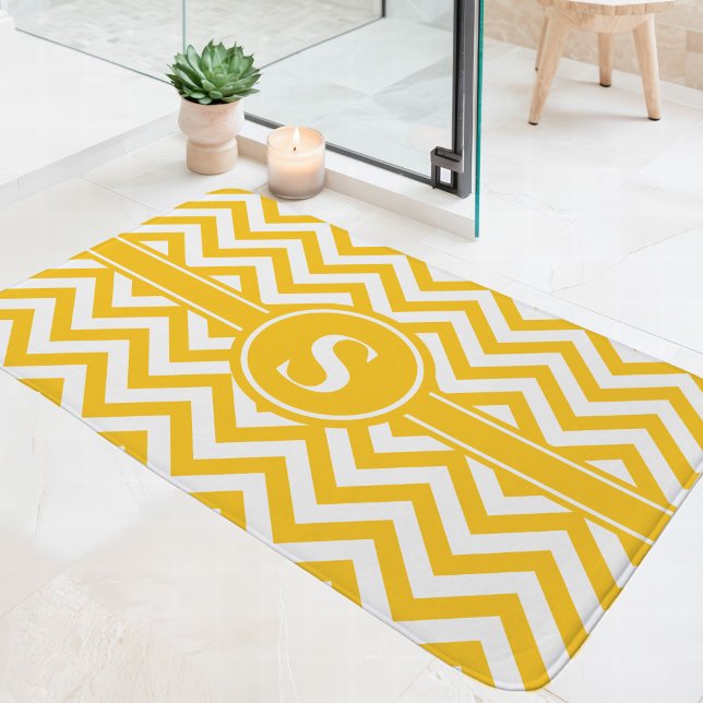 Tapis De Bain Monogramme Chevron Jaune Et Blanc (Créateur téléchargé)