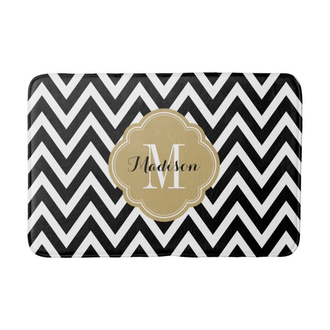 Tapis De Bain Monogramme Chevron noir et or (Devant)