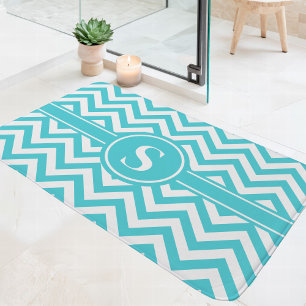 Tapis De Bain Monogramme Chevron Turquoise Et Blanc