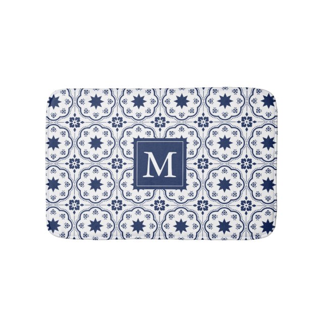 Tapis De Bain Monogramme Chic Marine & Blanc Floral Marocain (Devant)