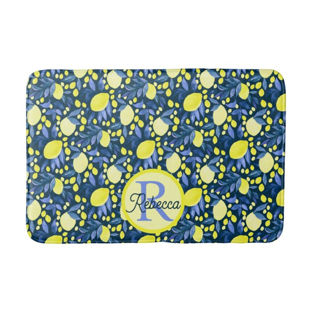 Tapis De Bain Monogramme Chic Nom Rustique Citron Citrons Feuill (Devant)