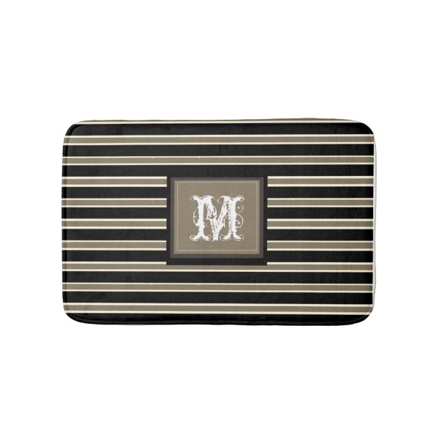 Tapis De Bain Monogramme Chic & Rayures Simples Blanches Beige N (Devant)