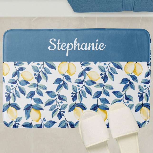 Tapis De Bain Monogramme Citron Aquarelle Bleu Jaune (Créateur téléchargé)