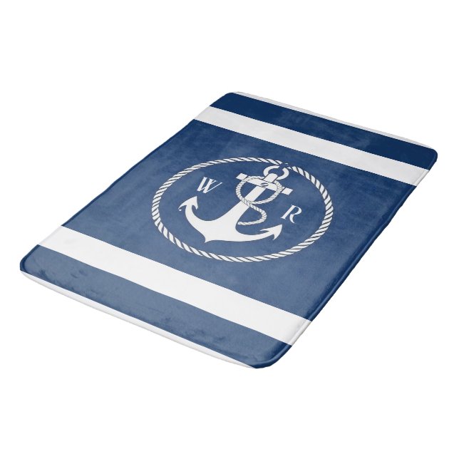 Tapis De Bain Monogramme classique Marine marine bleu et blanc (Angle)