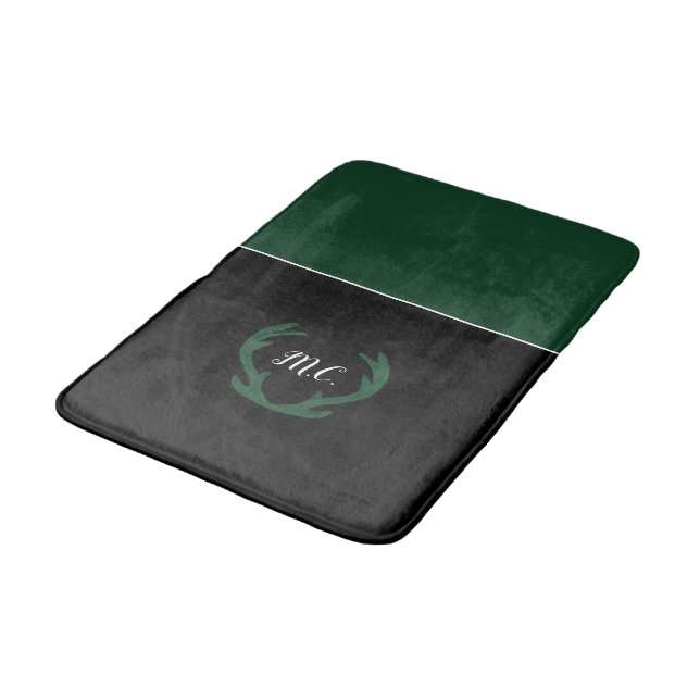 Tapis De Bain Monogramme de bois de cerf noir vert moderne (Angle)