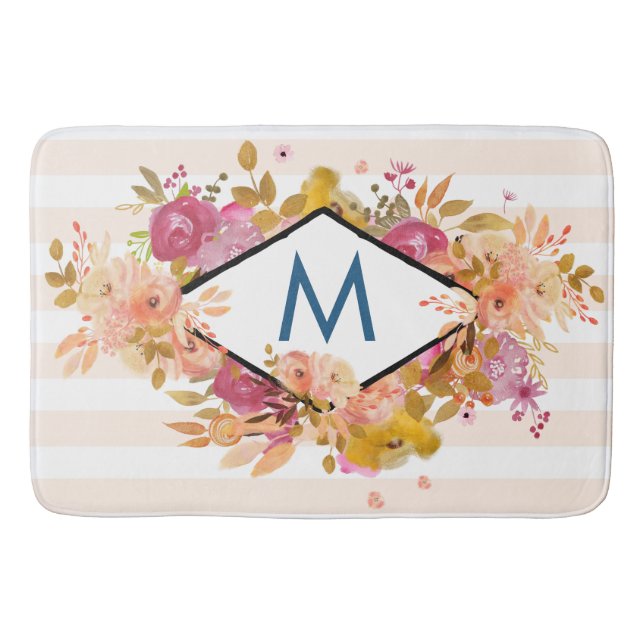 Tapis De Bain Monogramme de bouquet floral orange et rose (Devant)