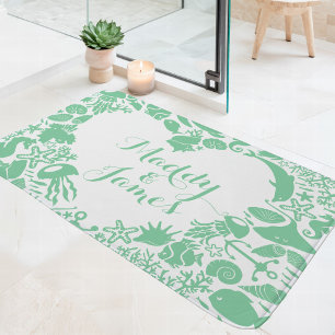 Tapis De Bain Monogramme de cœur de couples de créatures marines