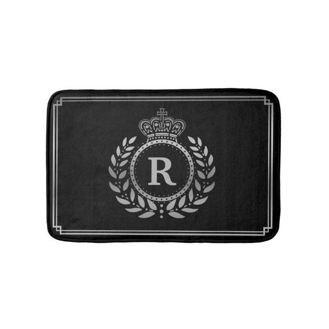 Tapis De Bain Monogramme de couronne de laurier Argent noir roya (Devant)