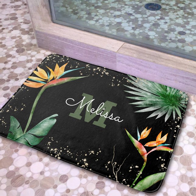 Tapis De Bain Monogramme de feuillage floral tropical Noir (Créateur téléchargé)